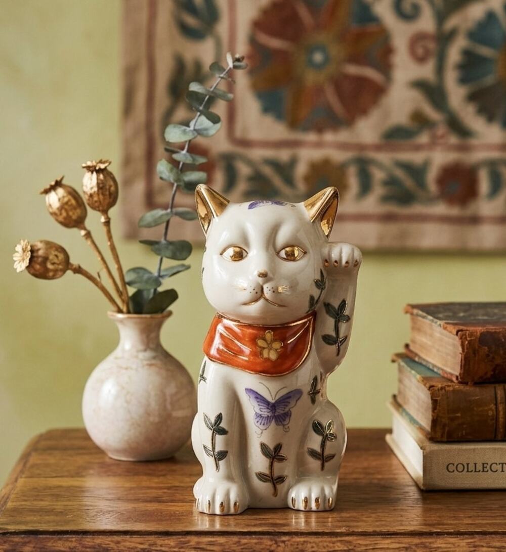Vintage Maneki Neko Lucky Cat Figurine | White Ceramic Beckoning Butterflies